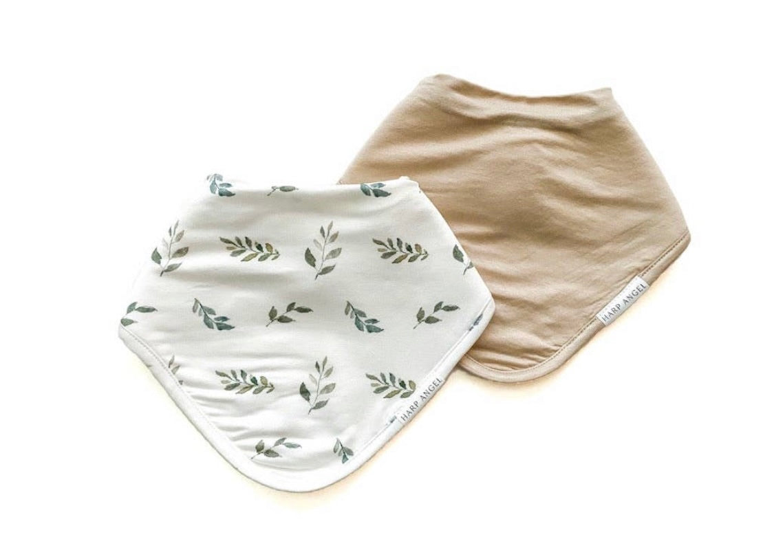 Scarf Baby Bib Set - Green Leaves/Tan