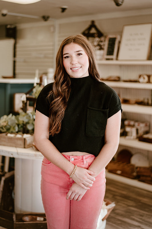 Black Pocket Short Sleeve Sweater