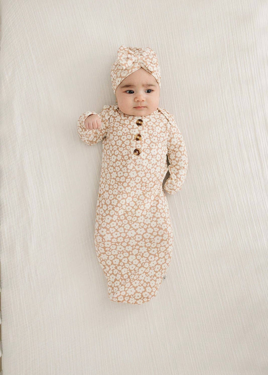 Mocha Ditzy Floral Knotted Gown + Hat